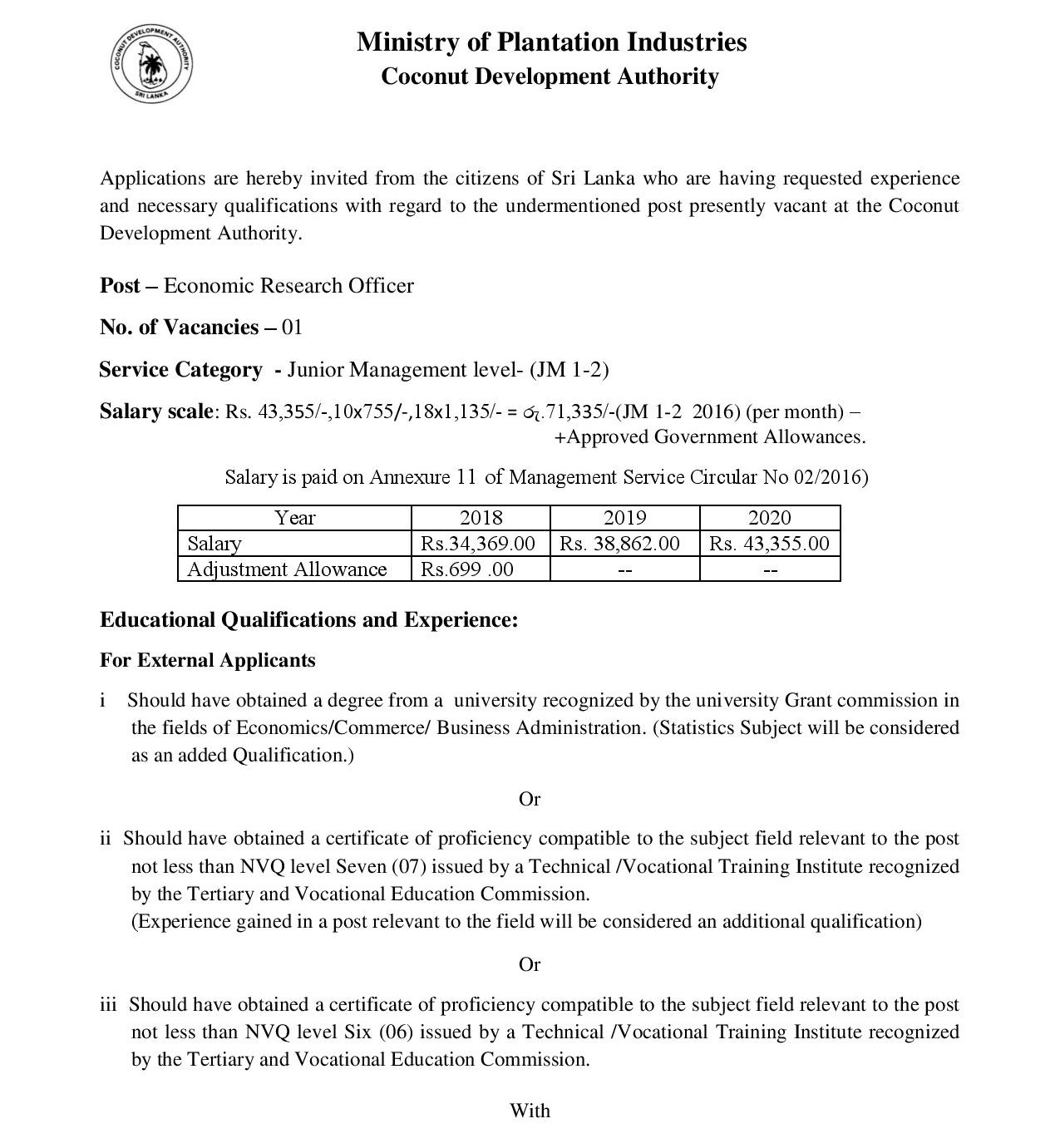 Economic Research Officer - Coconut Development Authority